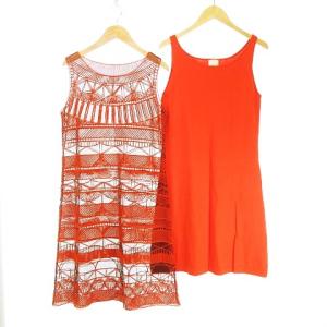 メッシュ刺繍ワンピース & インナーニットワンピース 2点セット コットンニット M テラコッタオレンジ×ブラック 黒