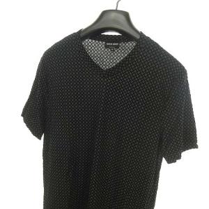 GIORGIO ARMANI カットソー 半袖 Vネック 黒タグ オパール 格子柄 レーヨン ストレッチ 52 ブラック