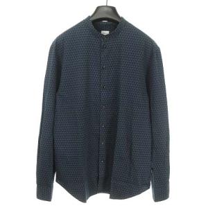 ARMANI COLLEZIONI バンドカラー シャツ トップス 幾何学柄 コットン 長袖 XL ネイビー ブラック