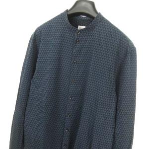 ARMANI COLLEZIONI バンドカラー シャツ トップス 幾何学柄 コットン 長袖 XL ネイビー ブラック