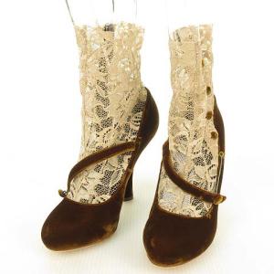 DOLCE&GABBANA レース ブーティ アンクルブーツ パンプス ベルベット 切替 38 ブラウン ベージュ IBO24