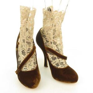 DOLCE&GABBANA レース ブーティ アンクルブーツ パンプス ベルベット 切替 38 ブラウン ベージュ IBO24