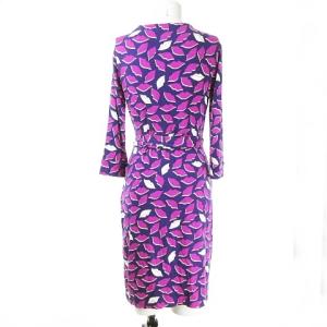 DIANE von FURSTENBERG ワンピース NEW JULIAN TWO リップ柄 唇柄 総柄 ウエストリボン ストレッチ 0 パープル 紫×ホワイト 白