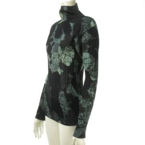 PLEATS PLEASE ISSEY MIYAKE プリーツ ハイネック 総柄 プリント  カットソー ブラウス 長袖 3 ネイビー