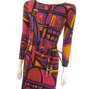 Emilio Pucci シルク ワンピース プリント 総柄 ビジュ付きリボンベルト ひざ丈 長袖 38 マルチ