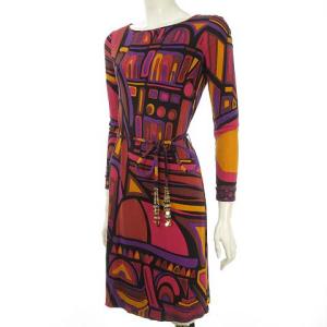 Emilio Pucci シルク ワンピース プリント 総柄 ビジュ付きリボンベルト ひざ丈 長袖 38 マルチ