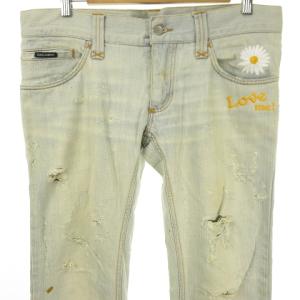 DOLCE&GABBANA 12SLIM LOVE me フラワー刺繍 デニムパンツ ウォッシュ アイス 48 インディゴ 青 0726