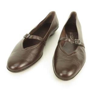 ローヒール パンプス フラットシューズ ベルトモチーフ ラウンドトゥ 6.5 C ダークブラウン