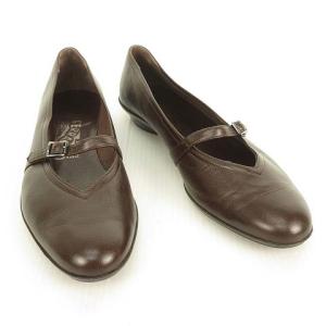 Salvatore Ferragamo ローヒール パンプス フラットシューズ ベルトモチーフ ラウンドトゥ 6.5 C ダークブラウン