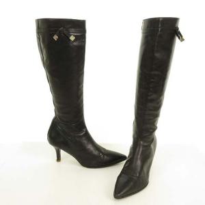 LOUIS VUITTON レザー ヒール ロングブーツ ポインテッドトゥ サイドジップ リボンモチーフ 36.5 ブラック