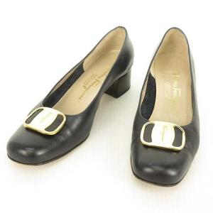 VARA ヴァラ 金具 レザー パンプス スクエア ラウンド チャンキーヒール 7 B ダークネイビー IBO25