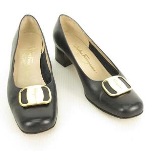 Salvatore Ferragamo VARA ヴァラ 金具 レザー パンプス スクエア ラウンド チャンキーヒール 7 B ダークネイビー IBO25