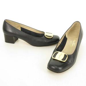 Salvatore Ferragamo VARA ヴァラ 金具 レザー パンプス スクエア ラウンド チャンキーヒール 7 B ダークネイビー IBO25