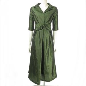 ロングワンピース フレア ドレス ポリエステル シルク 光沢 玉虫色 グリーン系 M IBO25