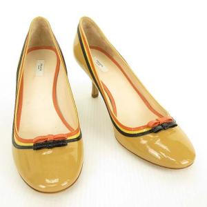 PRADA パンプス ラウンドトゥ テープ リボンモチーフ パテントレザー 37 ベージュ系 IBO25