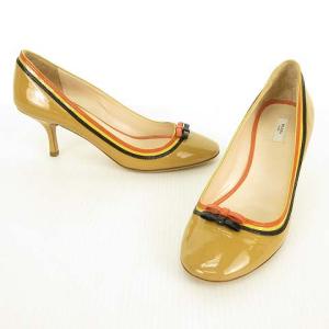 PRADA パンプス ラウンドトゥ テープ リボンモチーフ パテントレザー 37 ベージュ系 IBO25