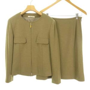 スカート スーツ セットアップ ノーカラー ジャケット 膝丈 ウール ジャージー生地 11 オリーブ系 IBO26