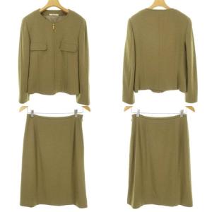 Aquascutum スカート スーツ セットアップ ノーカラー ジャケット 膝丈 ウール ジャージー生地 11 オリーブ系 IBO26