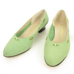 VARA ミニ 金具 モチーフ パンプス ローヒール ヌバックレザー 6.5 C グリーン