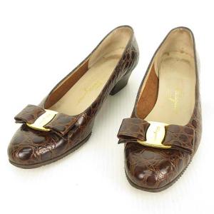 VARA ヴァラ リボン パンプス ラウンドトゥ 型押し ローヒール 5 C ブラウン 茶 IBO26