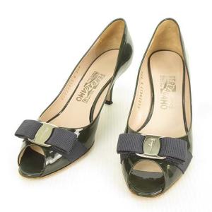 VARA リボン パンプス オープントゥ パテント エナメル 7.5 C ダークグリーン