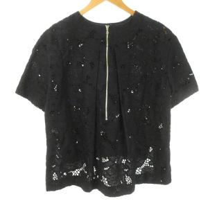 ADORE 刺繍 レース ブラウス シャツ 半袖 プルオーバー バックジップ 38 紺 ネイビー 0830