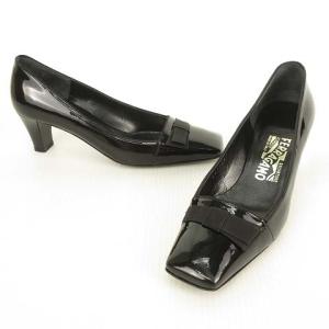 Salvatore Ferragamo スクエアトゥ パンプス リボン パテント エナメル 6 C ブラック 黒