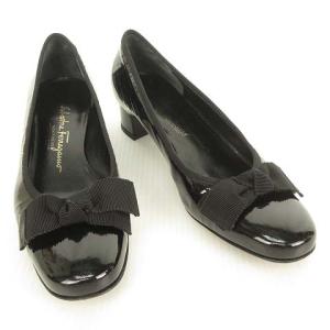 Salvatore Ferragamo リボン モチーフ パンプス バレエ ラウンドトゥ ローヒール パテント エナメル 6 C ブラック