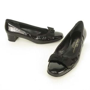 Salvatore Ferragamo リボン モチーフ パンプス バレエ ラウンドトゥ ローヒール パテント エナメル 6 C ブラック