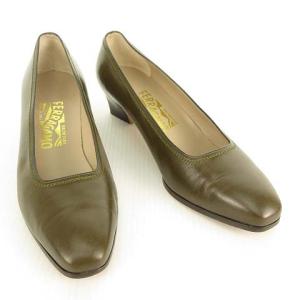 Salvatore Ferragamo プレーン レザー パンプス スクエアトゥ 7.5 D オリーブ
