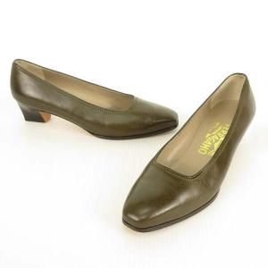 Salvatore Ferragamo プレーン レザー パンプス スクエアトゥ 7.5 D オリーブ