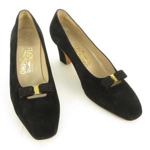 Salvatore Ferragamo ヴァラ リボン ミニ金具 パンプス スウェード スクエアトゥ 7 D ブラック 黒 IBO26