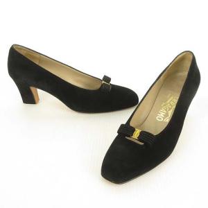 Salvatore Ferragamo ヴァラ リボン ミニ金具 パンプス スウェード スクエアトゥ 7 D ブラック 黒 IBO26