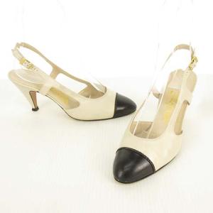 Salvatore Ferragamo パンプス キャップトゥ バックストラップ バイカラー 6.5 D アイボリー ブラック IBO26
