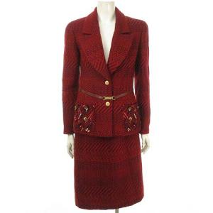 00A ツイード スーツ ジャケット スカート スパンコール ココマーク 金ボタン 38 赤