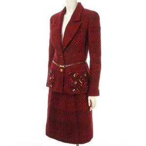 CHANEL 00A ツイード スーツ ジャケット スカート スパンコール ココマーク 金ボタン 38 赤