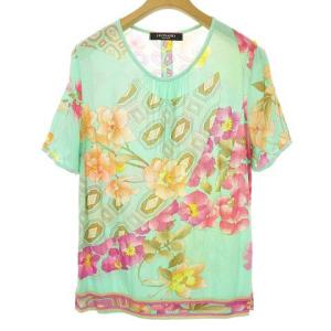 Fashion ニット カットソー トップス レーヨン コットン 花柄 総柄 半袖 42 グリーン系 IBO27