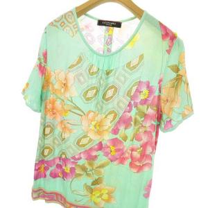 LEONARD Fashion ニット カットソー トップス レーヨン コットン 花柄 総柄 半袖 42 グリーン系 IBO27