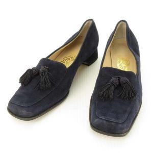 スウェード ローファー パンプス スクエアトゥ フリンジ モチーフ 6.5 B ネイビー IBO27