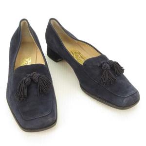 Salvatore Ferragamo スウェード ローファー パンプス スクエアトゥ フリンジ モチーフ 6.5 B ネイビー IBO27