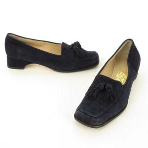 Salvatore Ferragamo スウェード ローファー パンプス スクエアトゥ フリンジ モチーフ 6.5 B ネイビー IBO27