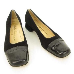 Salvatore Ferragamo スクエア キャップトゥ パンプス ロゴテープ 切替 7 B ブラック