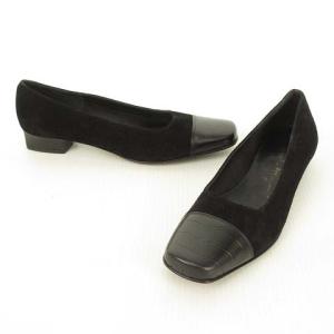 Salvatore Ferragamo スクエア キャップトゥ パンプス 型押レザー スウェード 切替 ローヒール 6.5 D ブラック