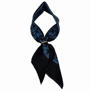 HERMES リング付き シルク スカーフ バンダナ 総柄 黒 ブラック 青 ブルー 1224