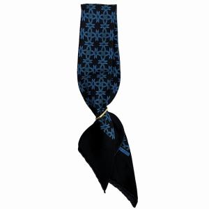 HERMES リング付き シルク スカーフ バンダナ 総柄 黒 ブラック 青 ブルー 1224
