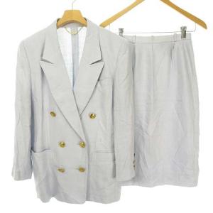 Taca 生地 レーヨン リネン スーツ セットアップ ダブル ジャケット 膝丈 スカート 金ボタン 7 ブルー ODF