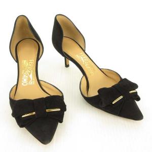 Salvatore Ferragamo ポインテッドトゥ セパレート パンプス スウェード リボンモチーフ 4 ブラック