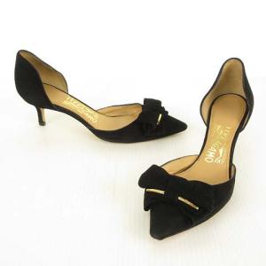 Salvatore Ferragamo ポインテッドトゥ セパレート パンプス スウェード リボンモチーフ 4 ブラック