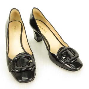 PRADA パンプス スクエアトゥ ベルトモチーフ パテントレザー 36.5 ブラック