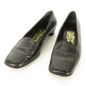 美品 ガンチーニ 型押し レザー パンプス ローヒール スクエアトゥ 5 C ブラック 黒 IBO29